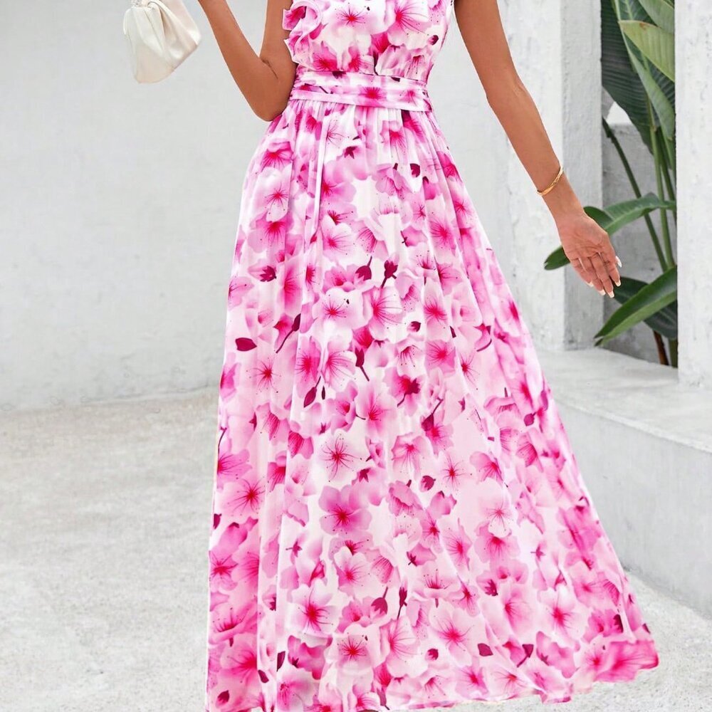 White Pink Casual Women's Floral One Shoulder Sleeveless Smocked Ruffle Dress - Picture 5 of 5